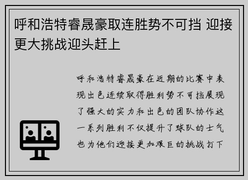 呼和浩特睿晟豪取连胜势不可挡 迎接更大挑战迎头赶上