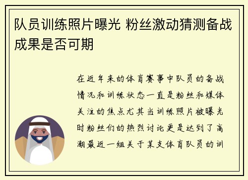 队员训练照片曝光 粉丝激动猜测备战成果是否可期